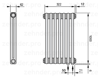 Схема (чертеж) Радиатор Zehnder Charleston 2100/7 №5510 Белый глянцевый RAL 9016